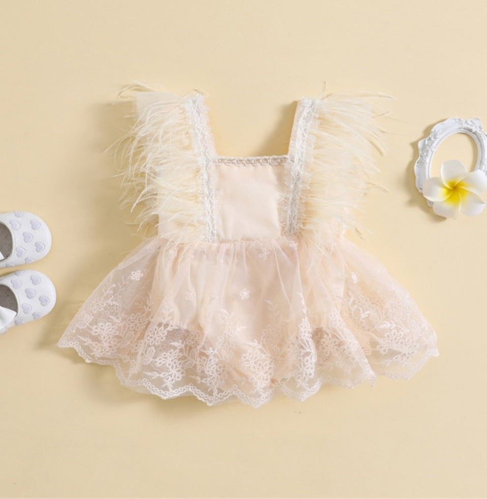 Ivory Feather Romper with Lace Detail