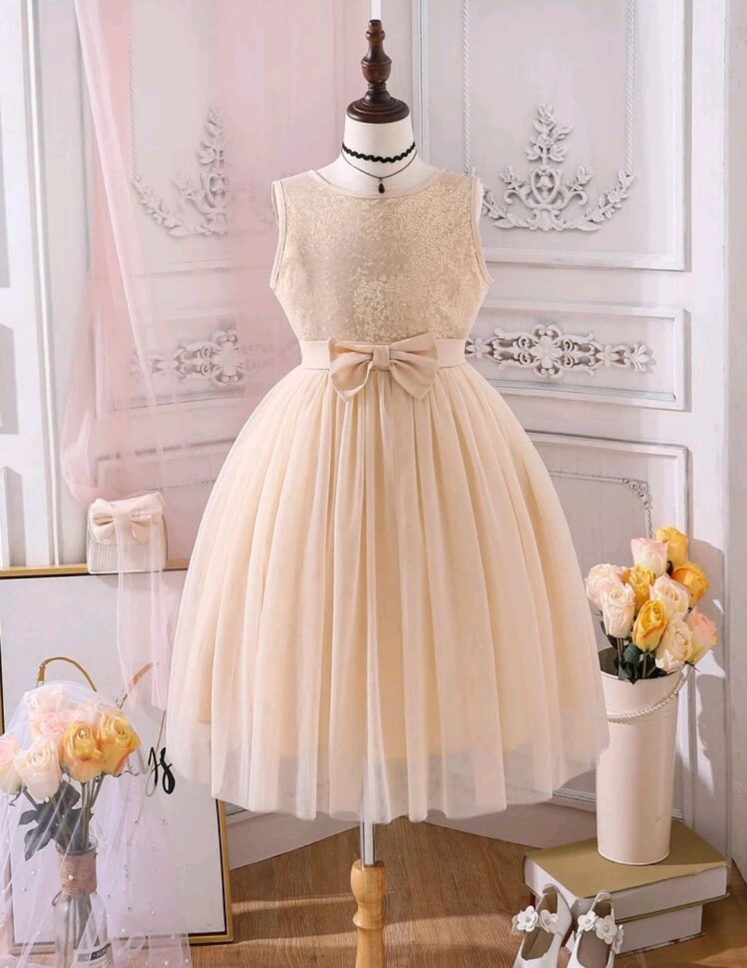 Cream Sequins Bust Special Occasions Tulle Dress and Belt / Headband