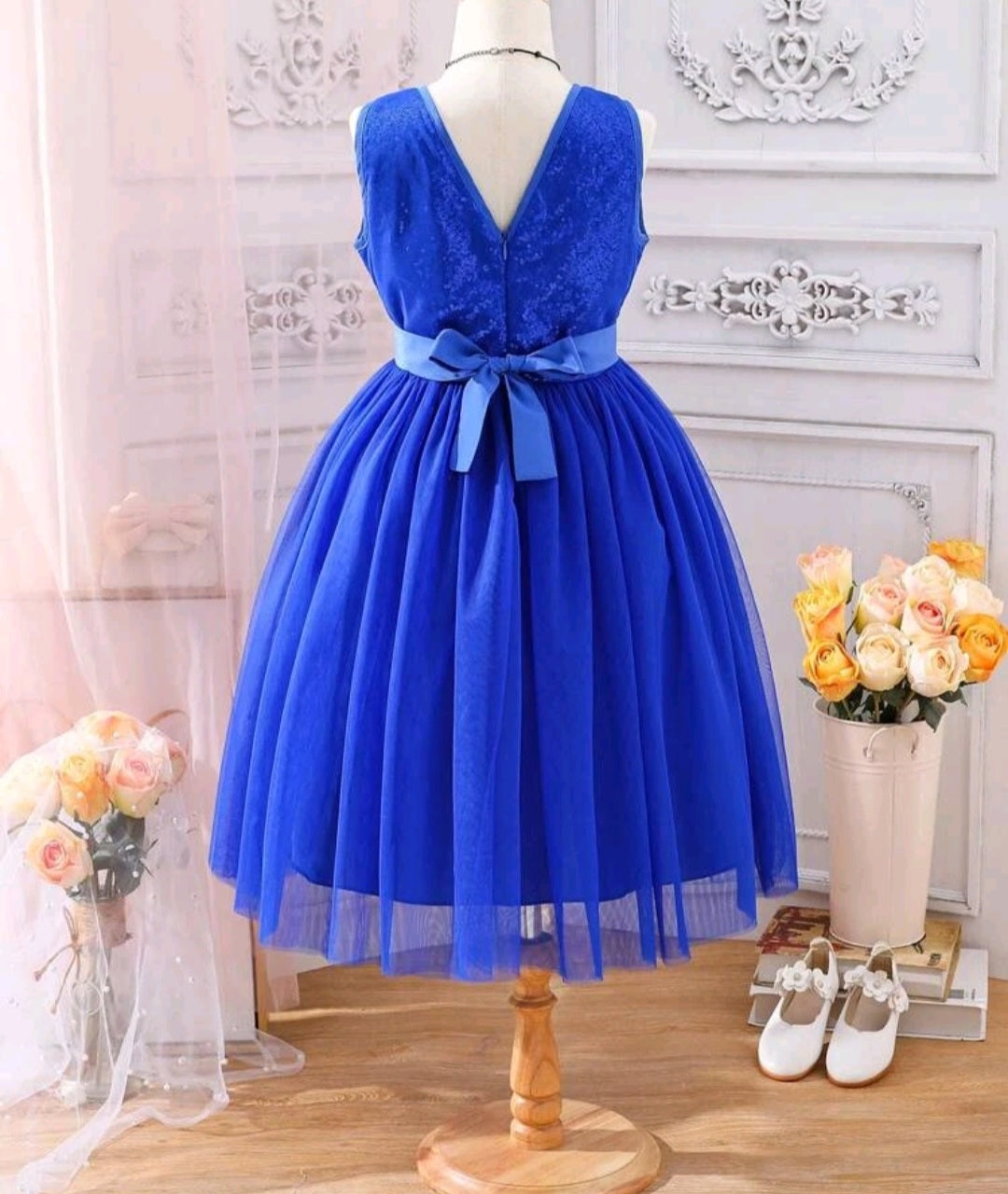 Royal Blue Sequins Bust Tulle Dress with Belt/Headband