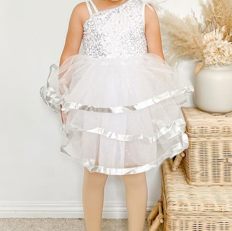 White Ruffle Silver Sequins Special Occasions Dress