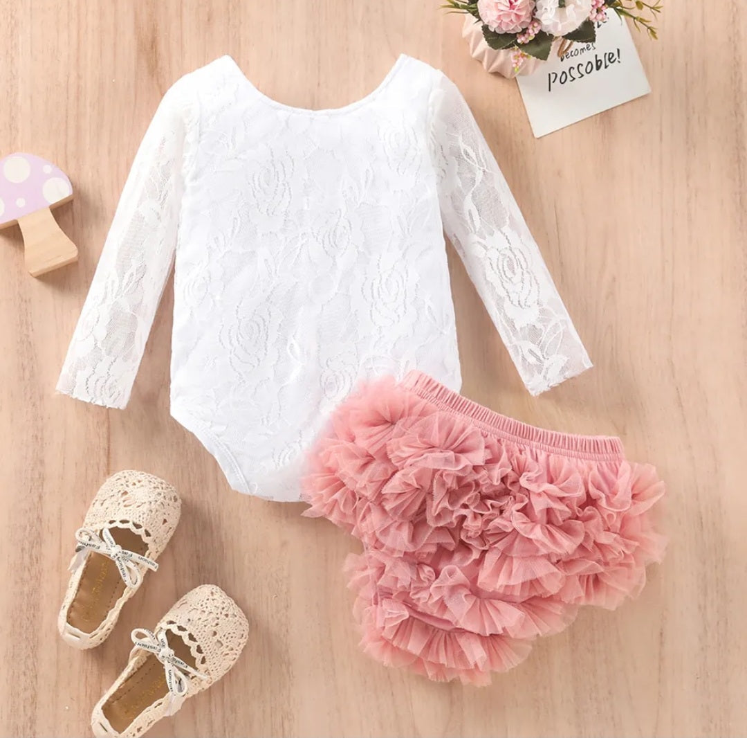 White Lace Birthday Romper with Lace Bloomer