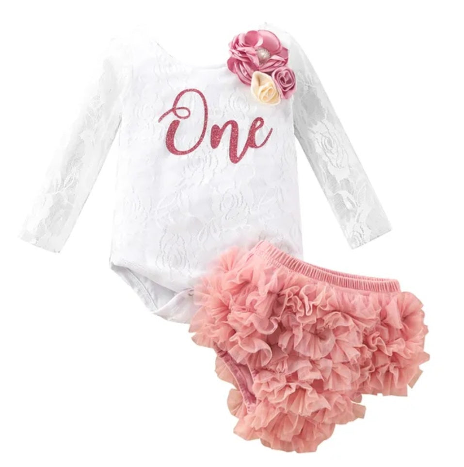 White Lace Birthday Romper with Lace Bloomer