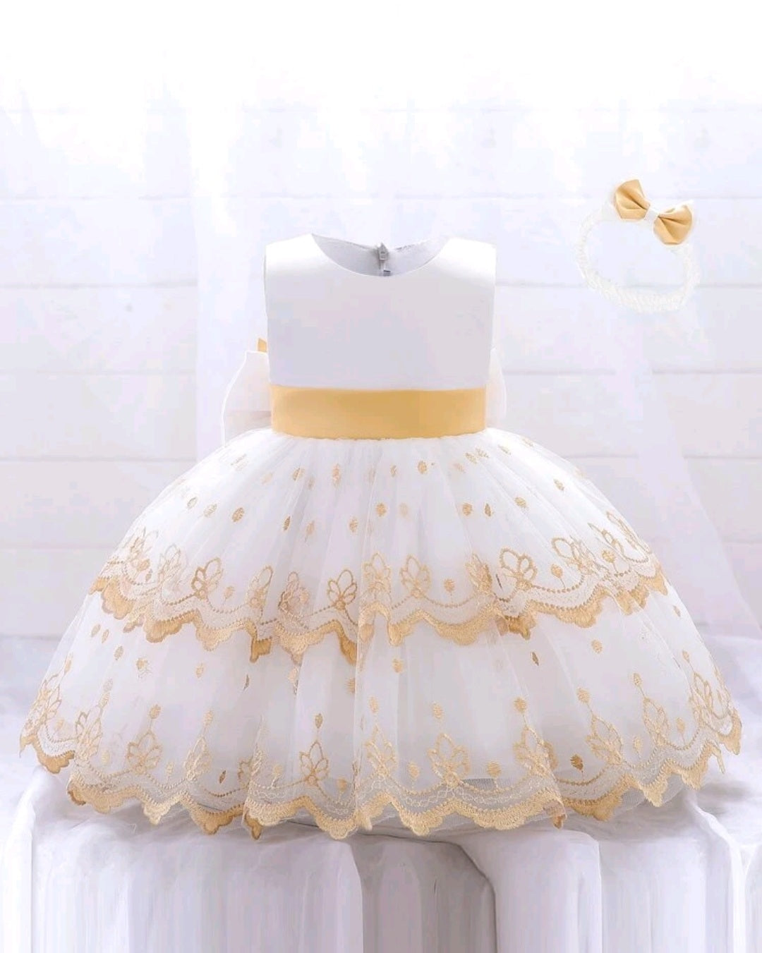 White and Gold Special Occassion Dress with Big Bow and Headband