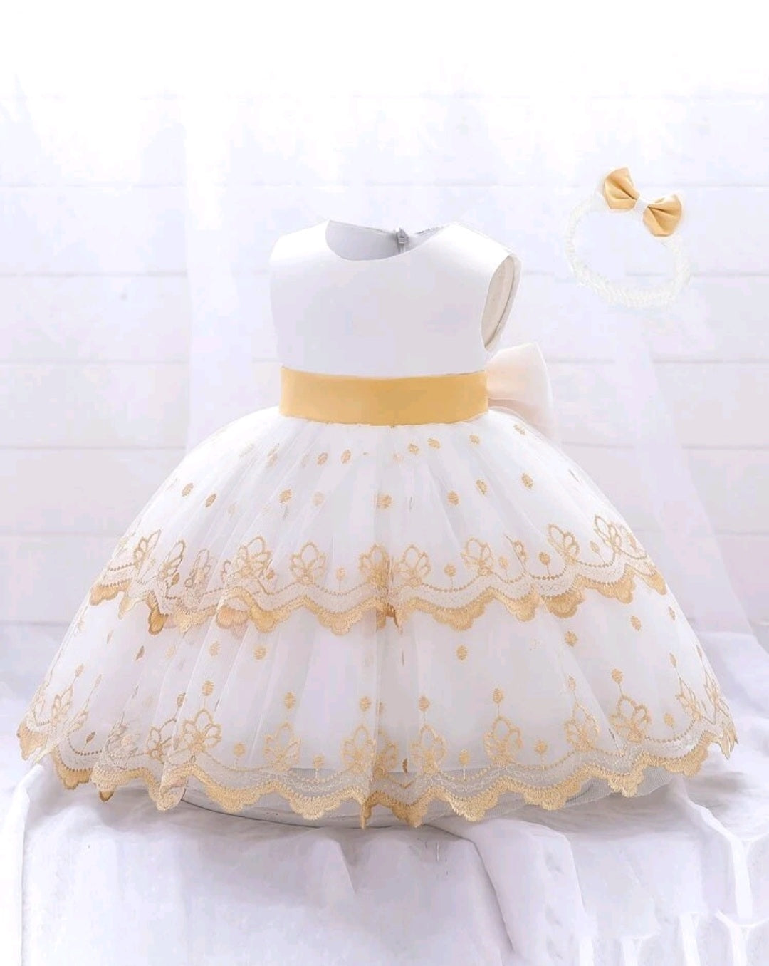 White and Gold Special Occassion Dress with Big Bow and Headband