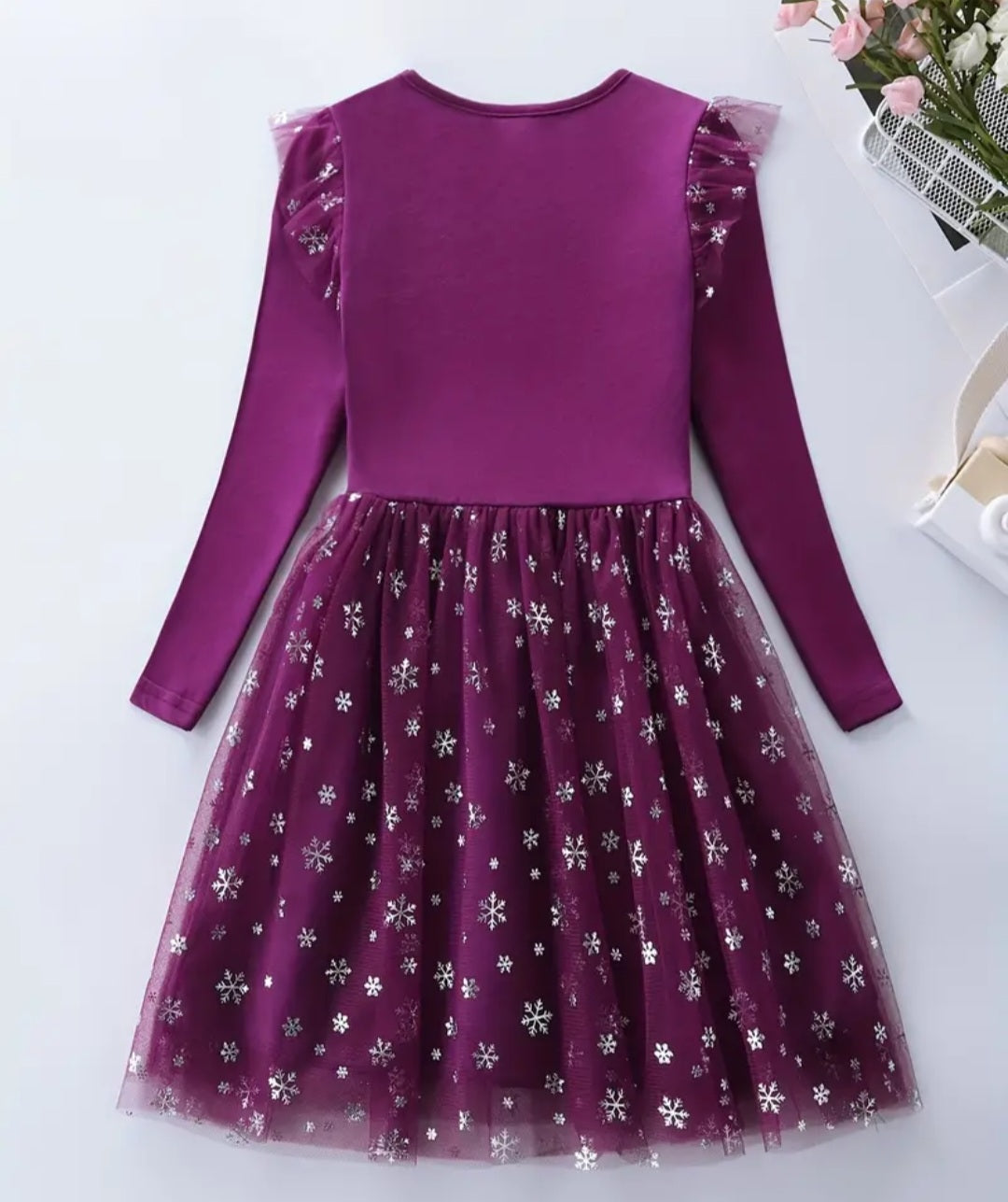 Plum Snow Princess Dress with Embroidered Snowflake