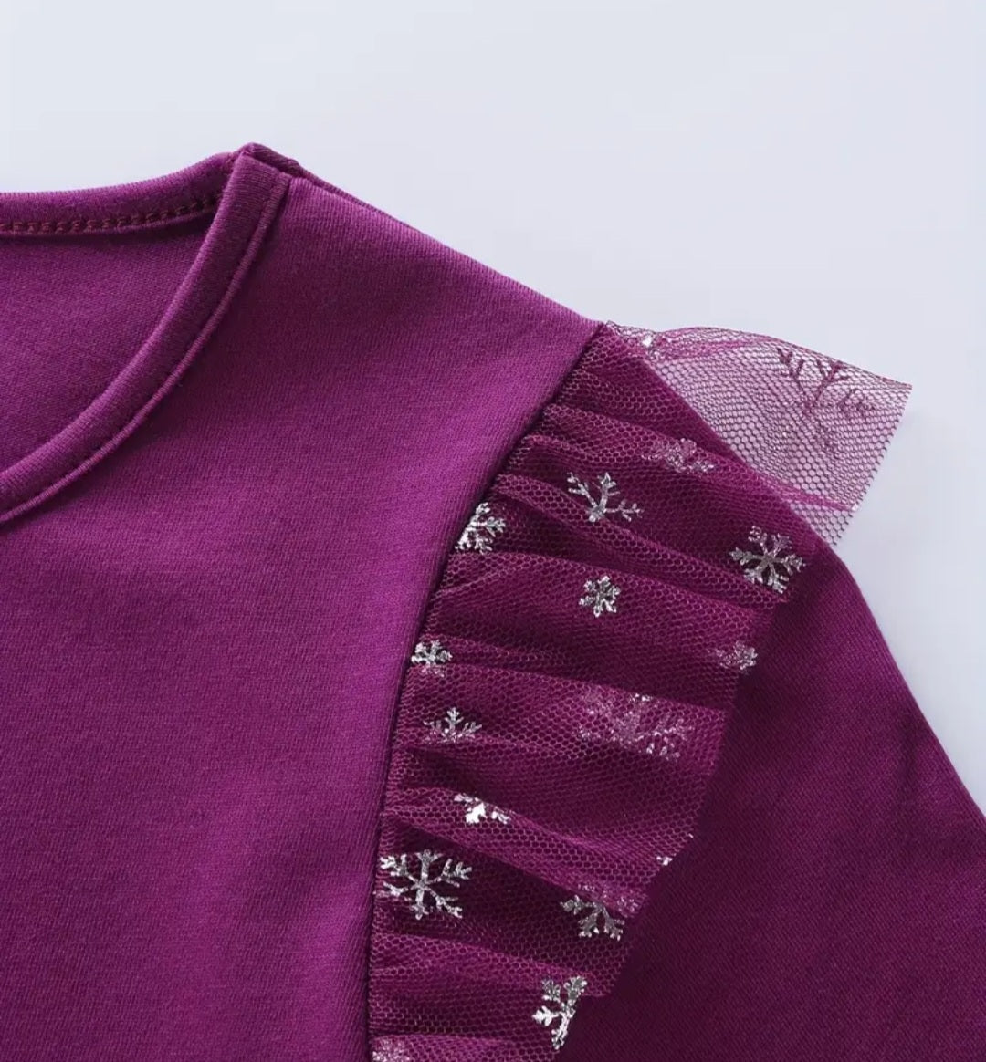 Plum Snow Princess Dress with Embroidered Snowflake