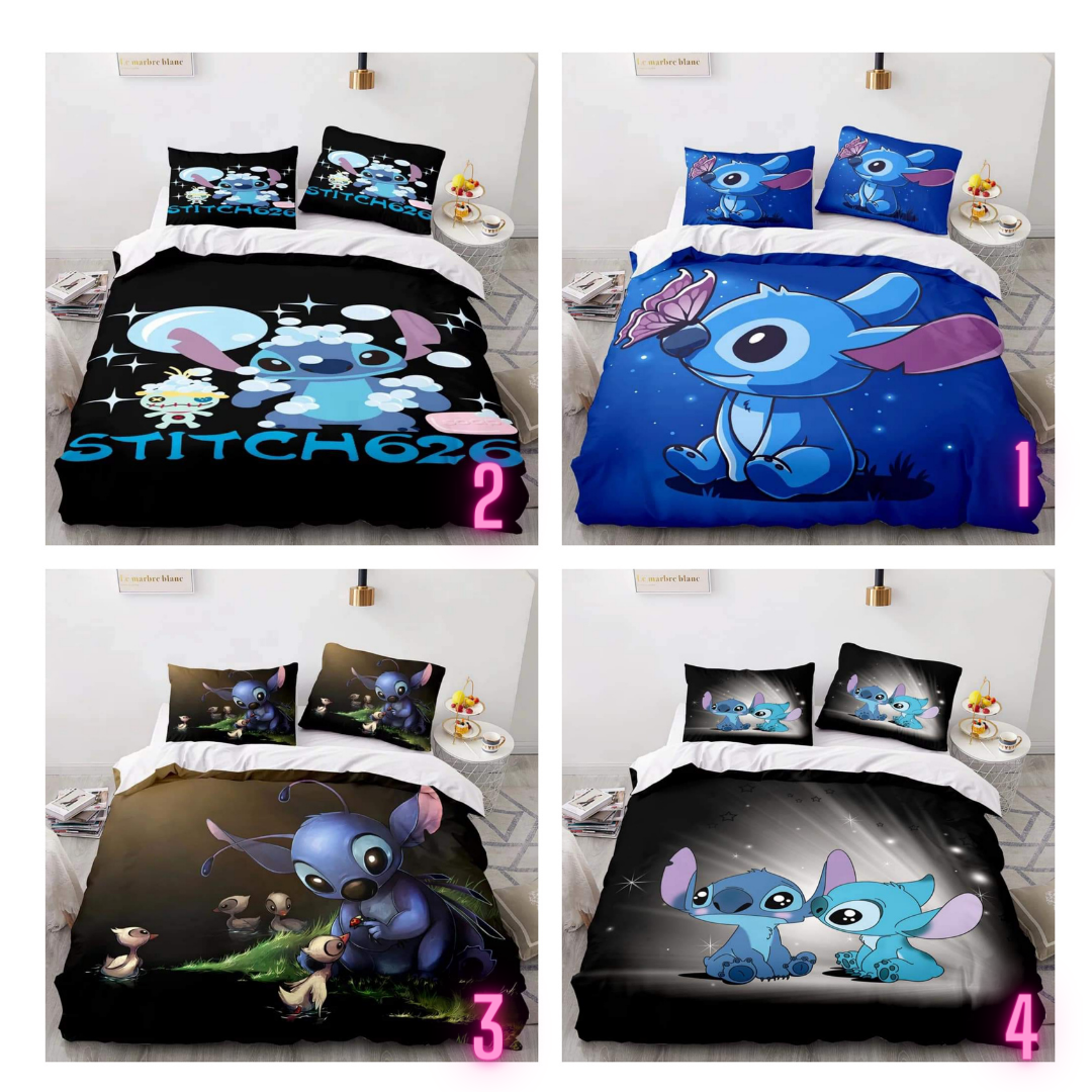 A collection of Stitch-themed bedding sets in various designs, including Stitch in different poses and with different accessories.