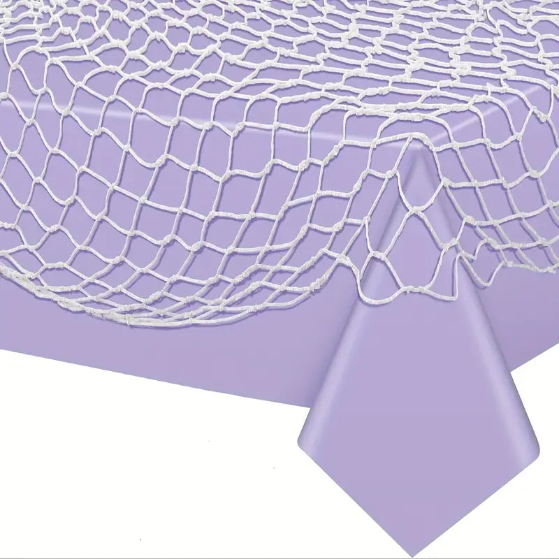 Lavender tablecloth with white fishnet pattern on a white background