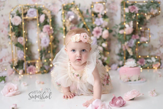 Ruffle Soft Pink Romper with Embroidered FloTulle and Headband 10004