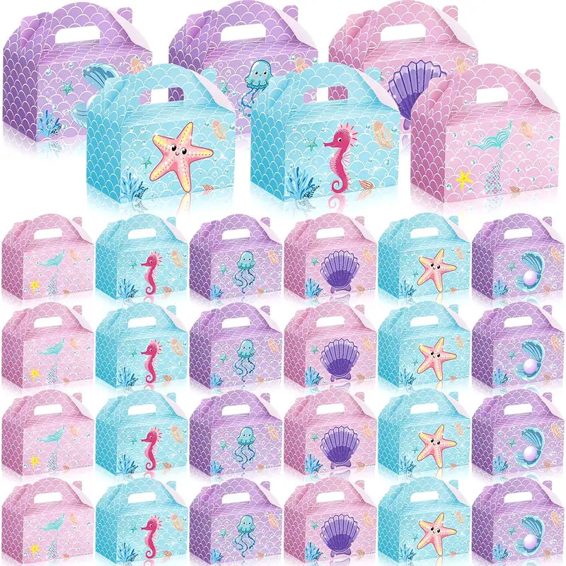 Set of under the sea themed party favor boxes in various colors.
