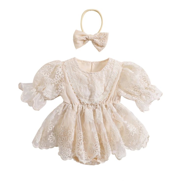Off White Floral Embroidered Romper and Headband
