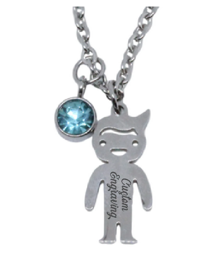 Stainless Steel Engraved Boy Pendant with Birthstone Charm