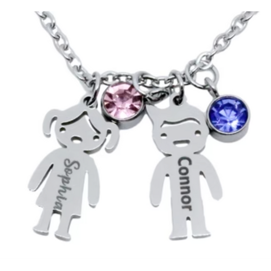 Stainless Steel Engraved Boy & Girl Pendant with Birthstone Charms