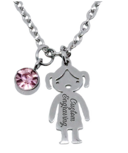 Stainless Steel Engraved Girl Pendant with Birthstone Charm