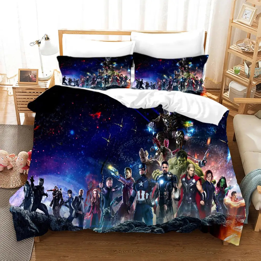 A bedding set with a superhero theme, displaying multiple characters from a popular comic and movie franchise, arranged in a vibrant and colorful design across a duvet cover and pillowcases.