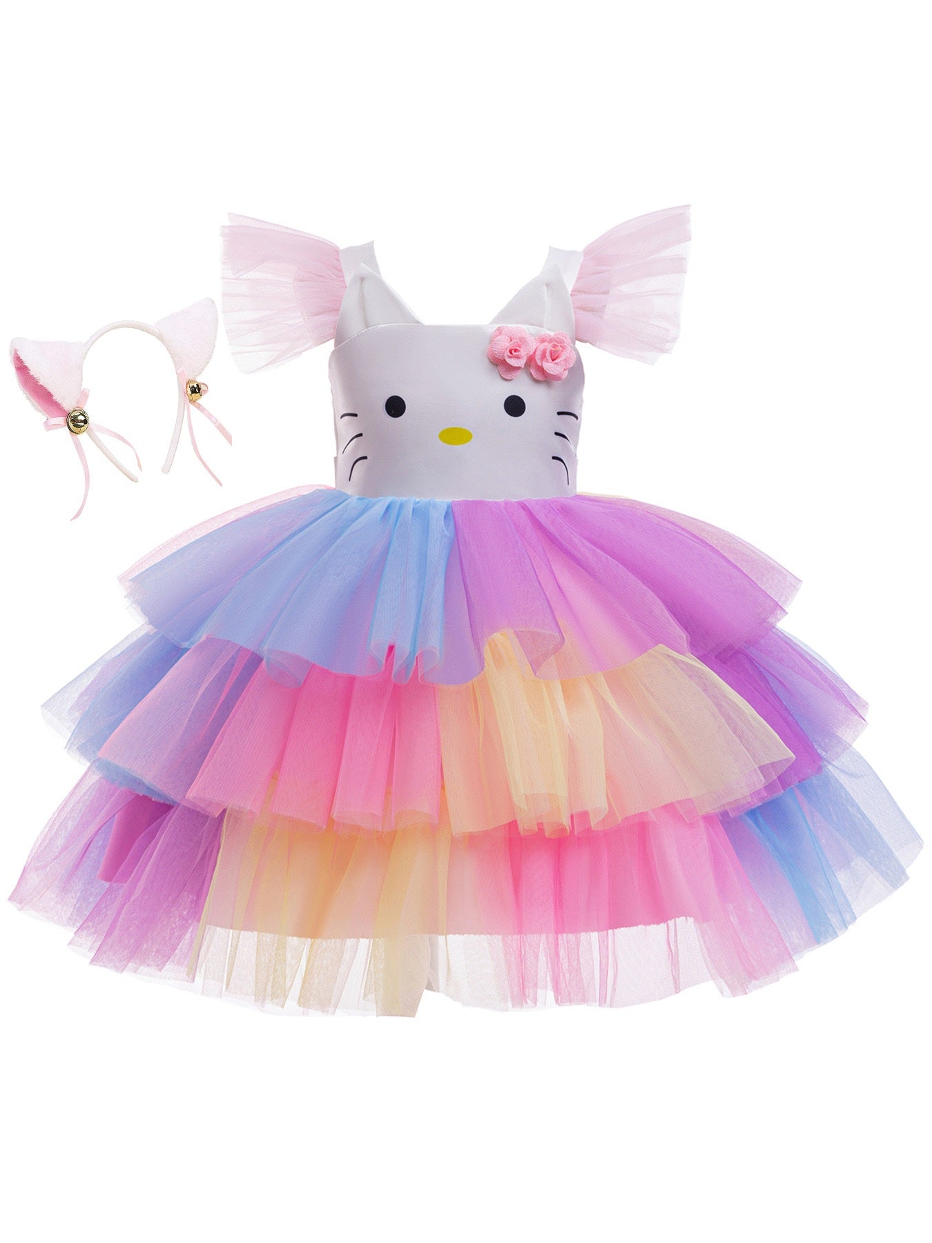 Hello Kitty Inspired Rainbow Tulle Tutu Dress Cosplay– Girls Party & Dress-Up Outfit