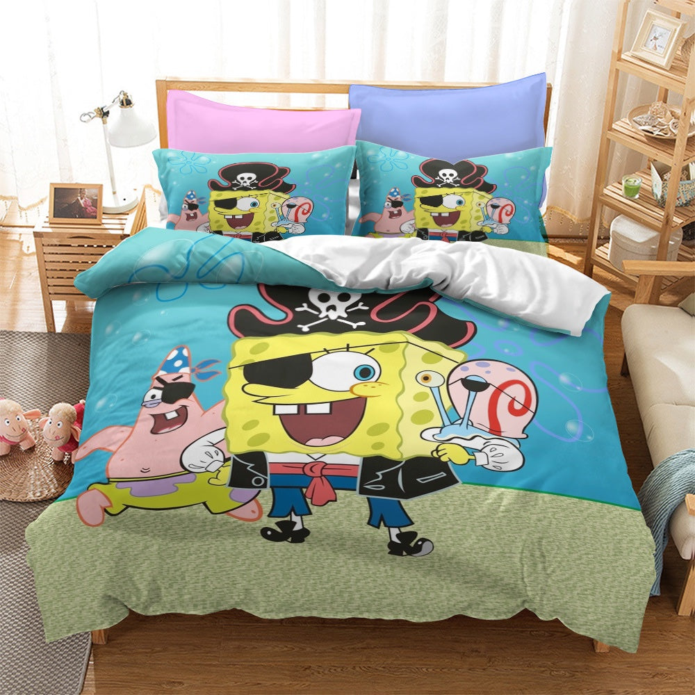 A bedding set with Spongebob and other cartoon characters dressed as pirates on a bed in a room.
