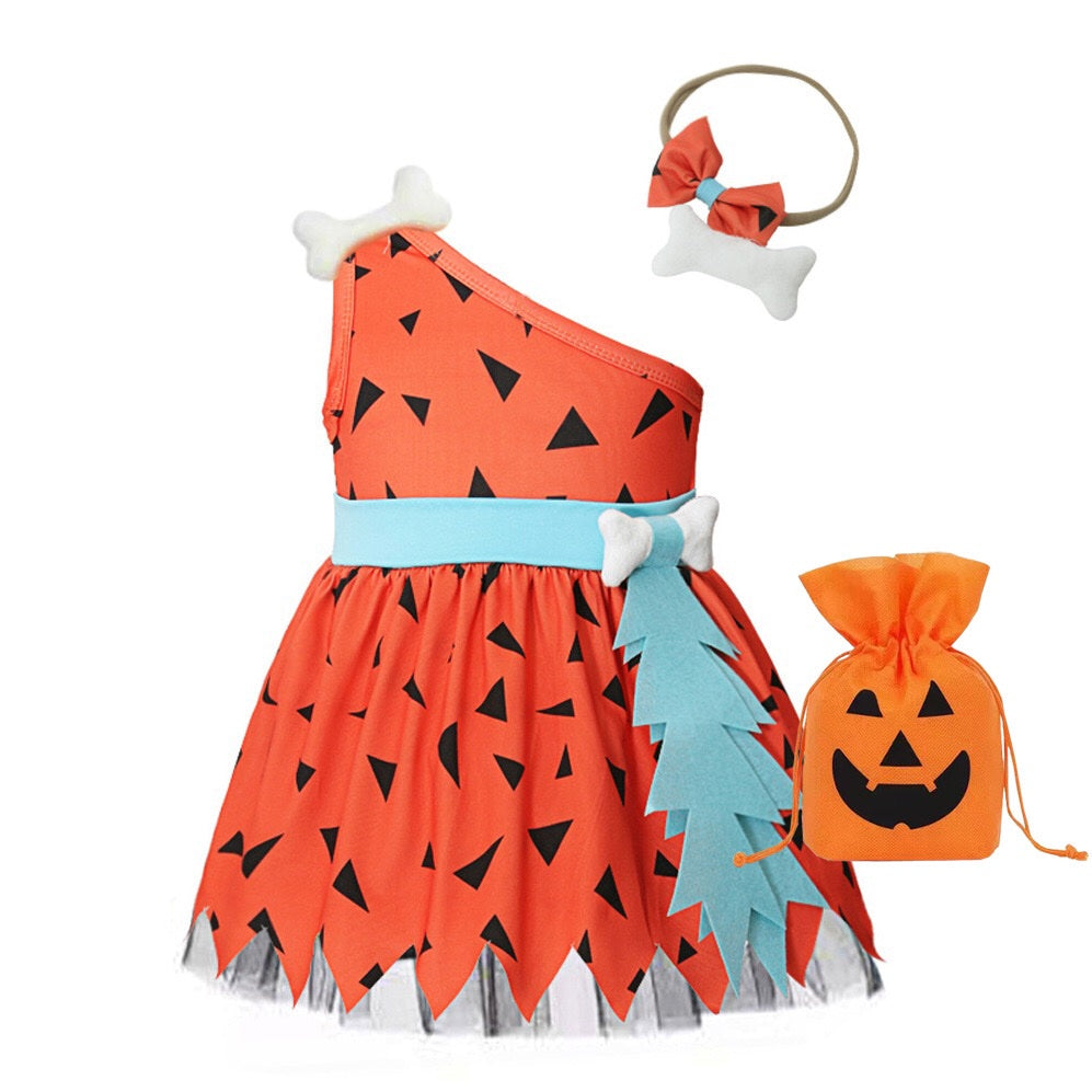 Flintstones-Inspired Pebbles Cosplay Costume Set with Accessories (Includes Headband & Pumpkin Bag)