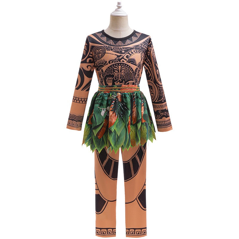 Maui-Inspired Boys’ Costume Cosply Set with Tribal Print Top & Leaf Print Pants