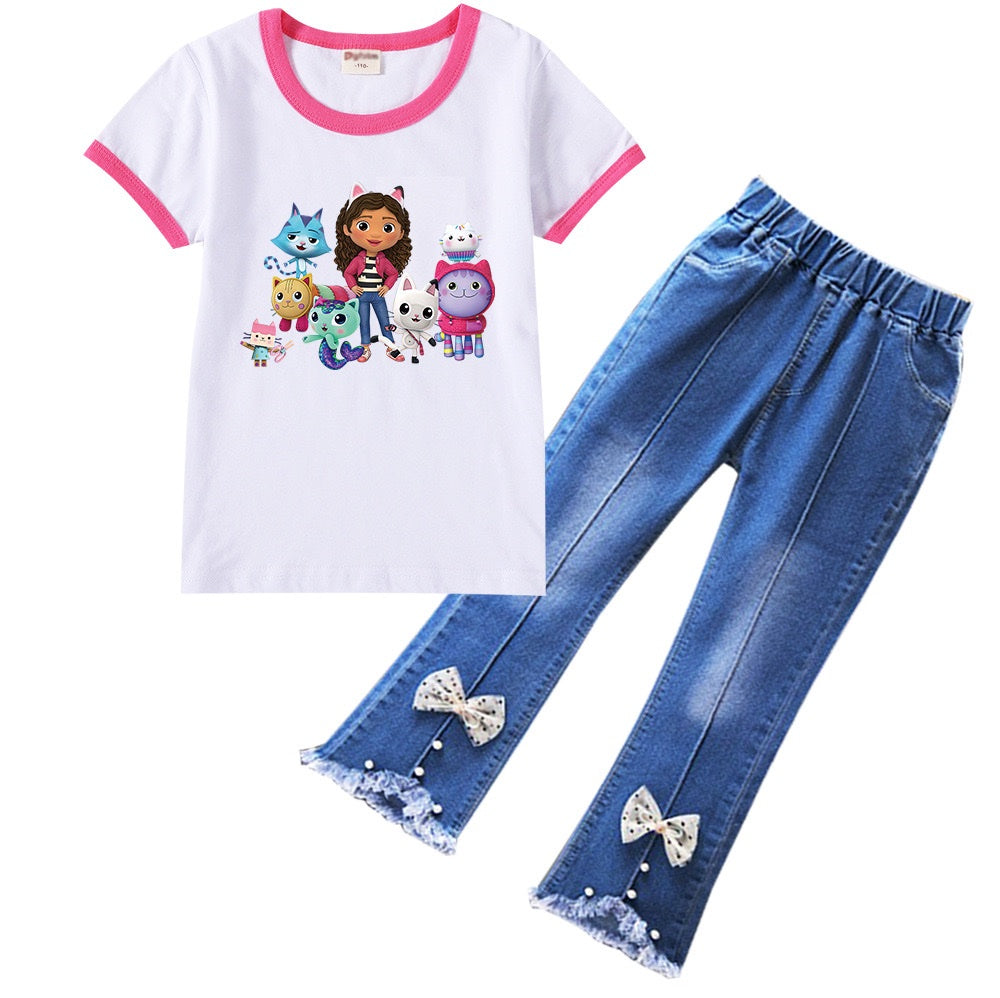 Gabby and Friends Girls’ T-Shirt and Jeans Set with Bow Detail
