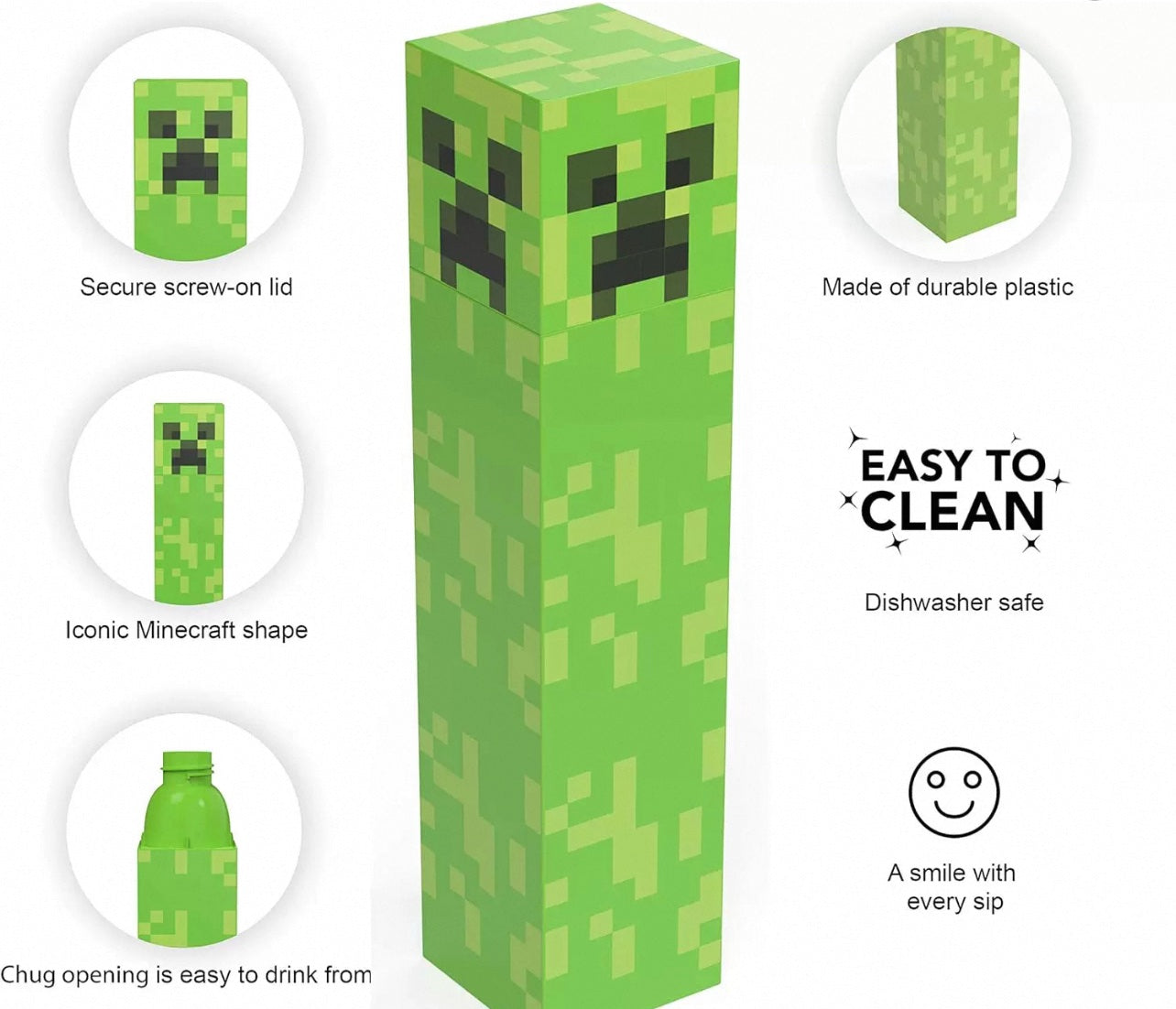 Minecraft 650ml Creeper Water Bottle – Leak-Proof & BPA-Free