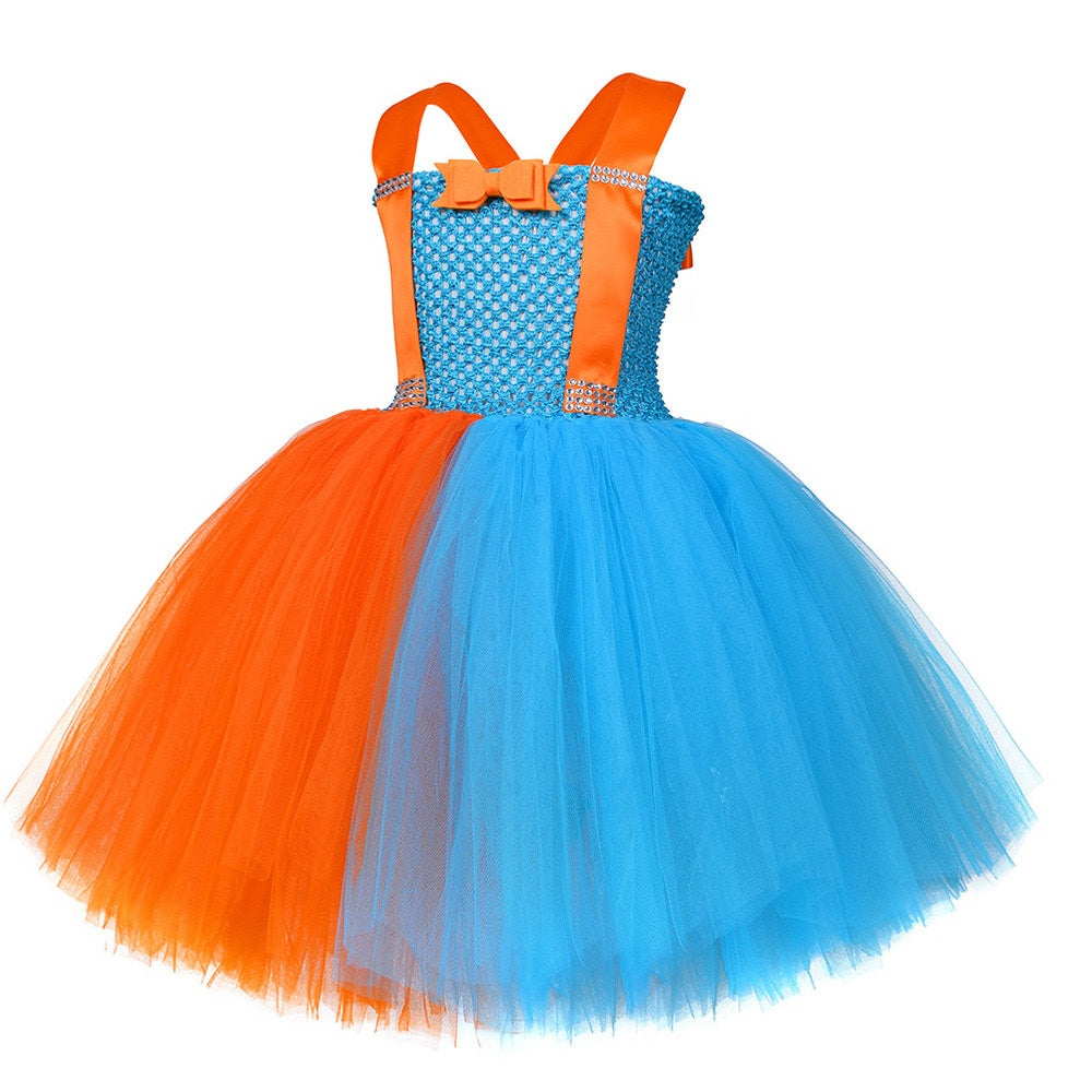 Blippi-Inspired Orange and Blue Tutu Dress with Hat and Glasses Cosplay