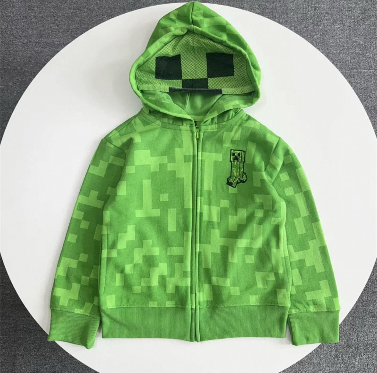 Minecraft Creeper Zip-Up Kids Hoodie with Breathable Mesh Face Hood