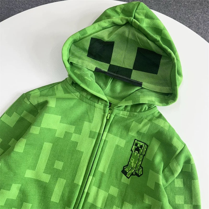 Minecraft Creeper Zip-Up Kids Hoodie with Breathable Mesh Face Hood