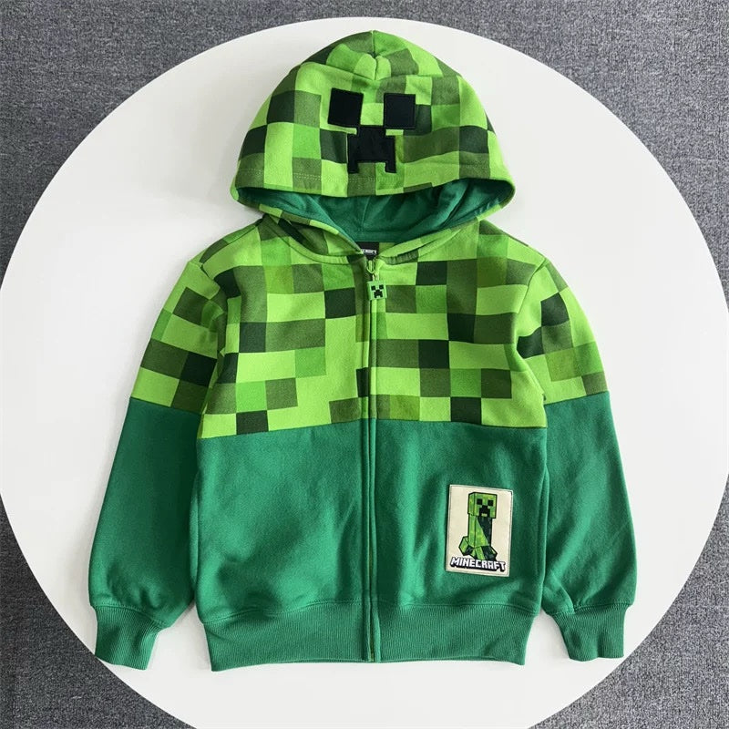 Minecraft Creeper Zipper Kids Hoodie – Soft Fleece Jacket with 3D Hood