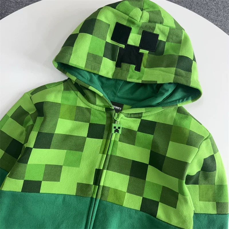 Minecraft Creeper Zipper Kids Hoodie – Soft Fleece Jacket with 3D Hood