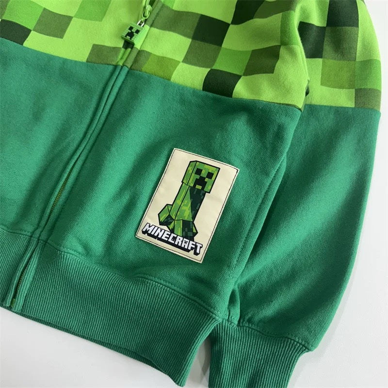 Minecraft Creeper Zipper Kids Hoodie – Soft Fleece Jacket with 3D Hood