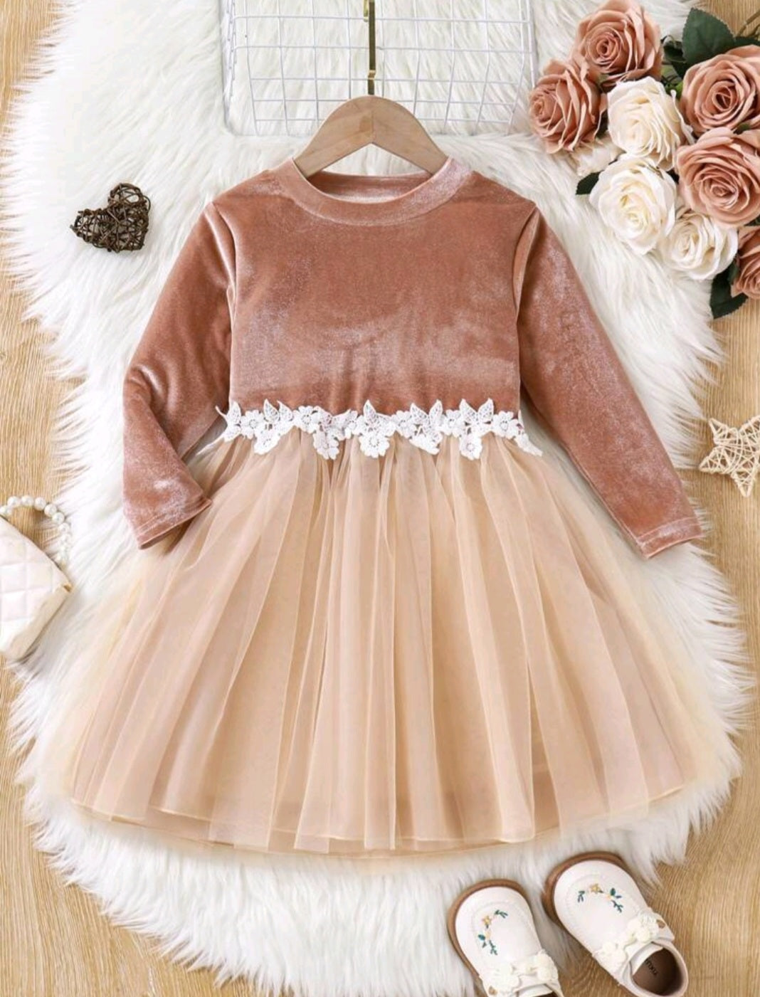 Apricot Velvet Long Sleeve Floral Dress 1001143