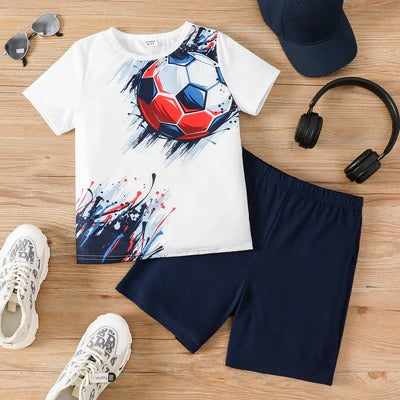 2pcs Young Boy Summer Fashion Outdoor Casual Soccer Print Shorts &Shirt Set