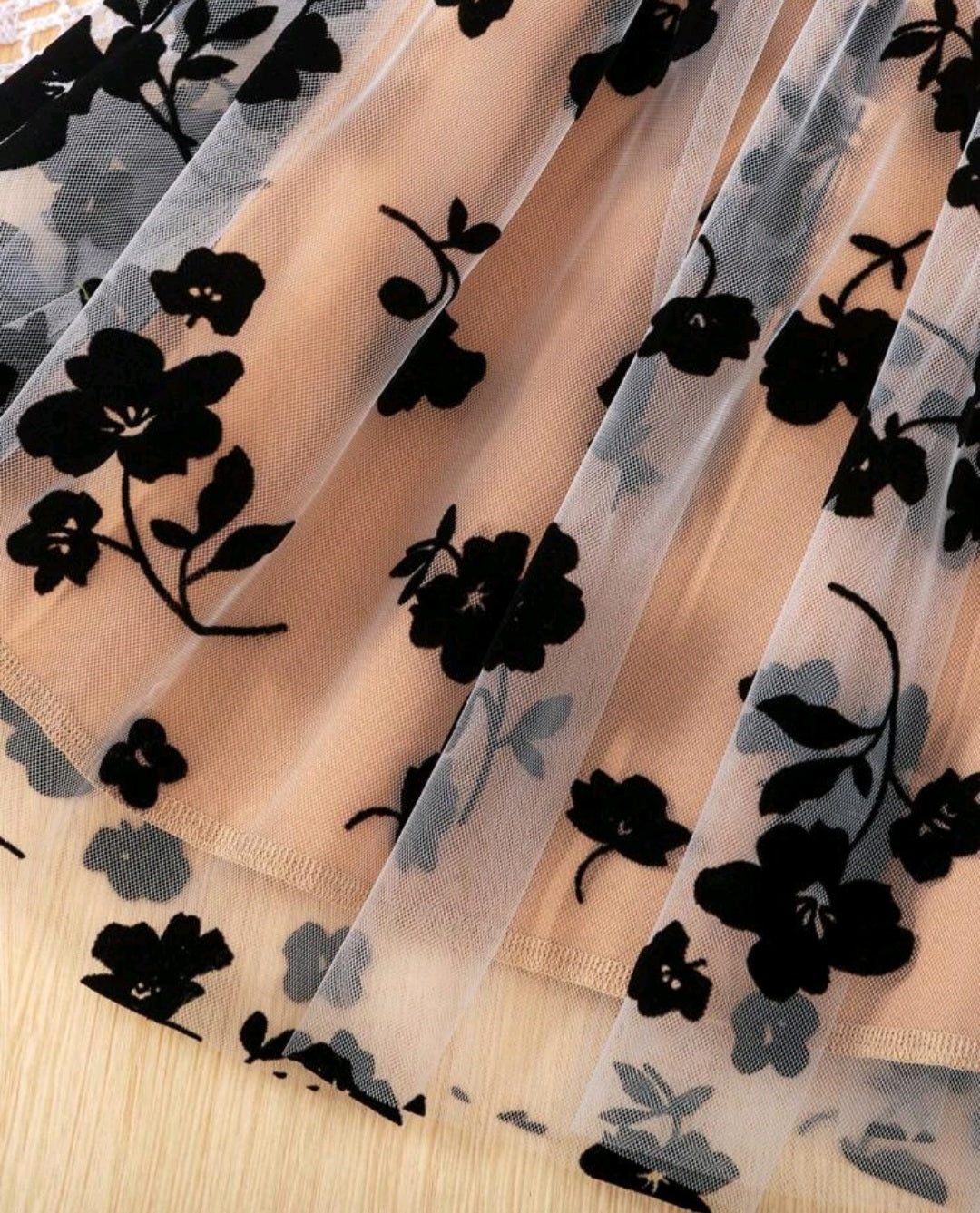 Black and Champagne Floral Long Sleeve Dress