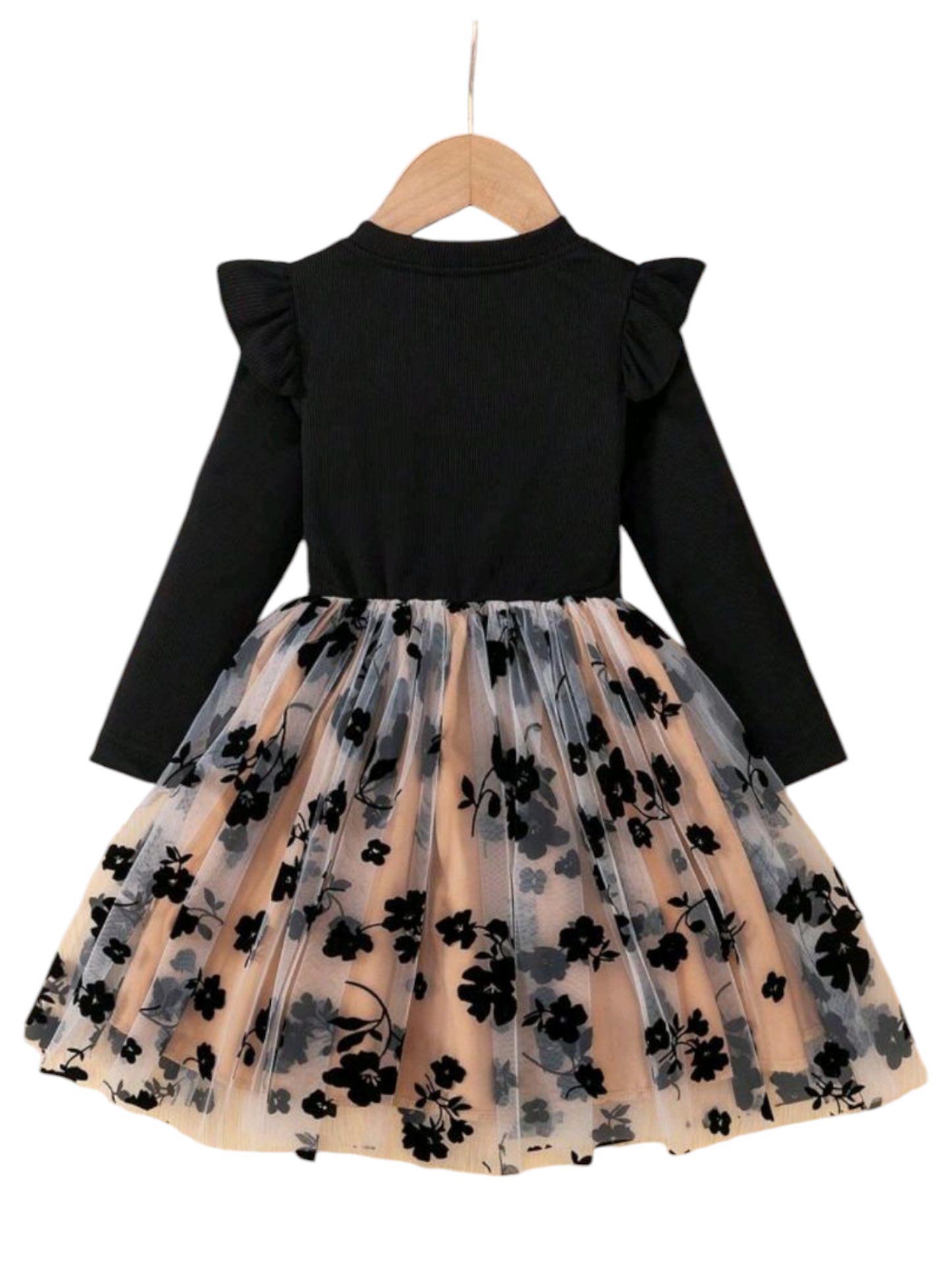 Black and Champagne Floral Long Sleeve Dress
