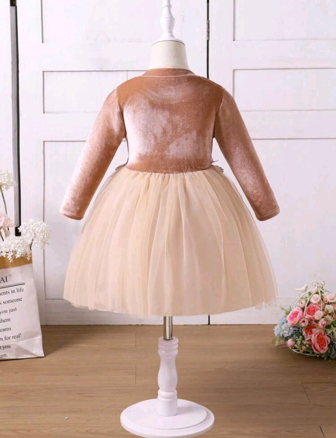 Apricot Velvet Long Sleeve Floral Dress 1001143