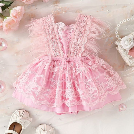 Pink Lace Romper with Feather Detail 1000308
