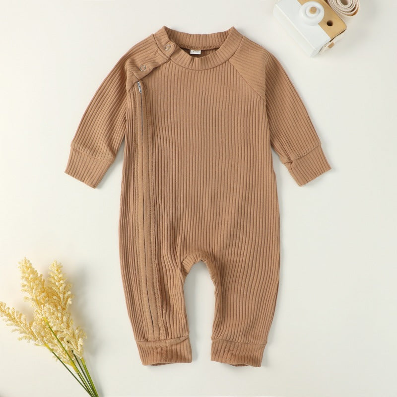 Camel Ribbed Romper with Side Zipper #2000303