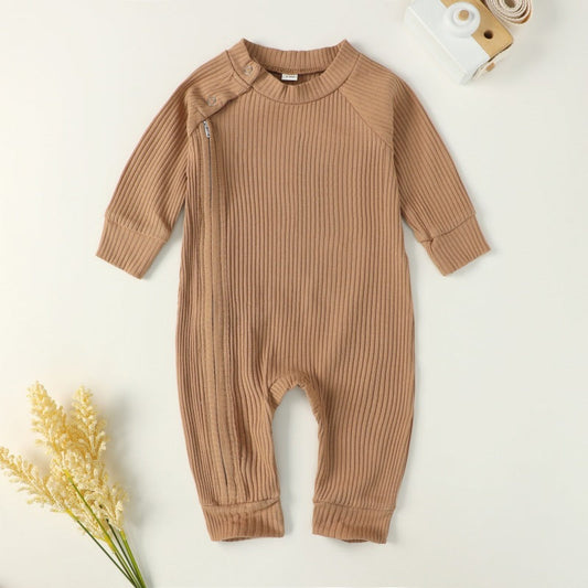 Camel Ribbed Romper with Side Zipper
