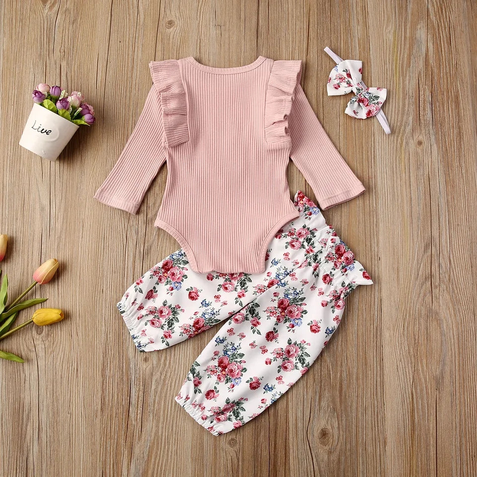 Ribbed Bunny Floral Romper and Bowknot Pants