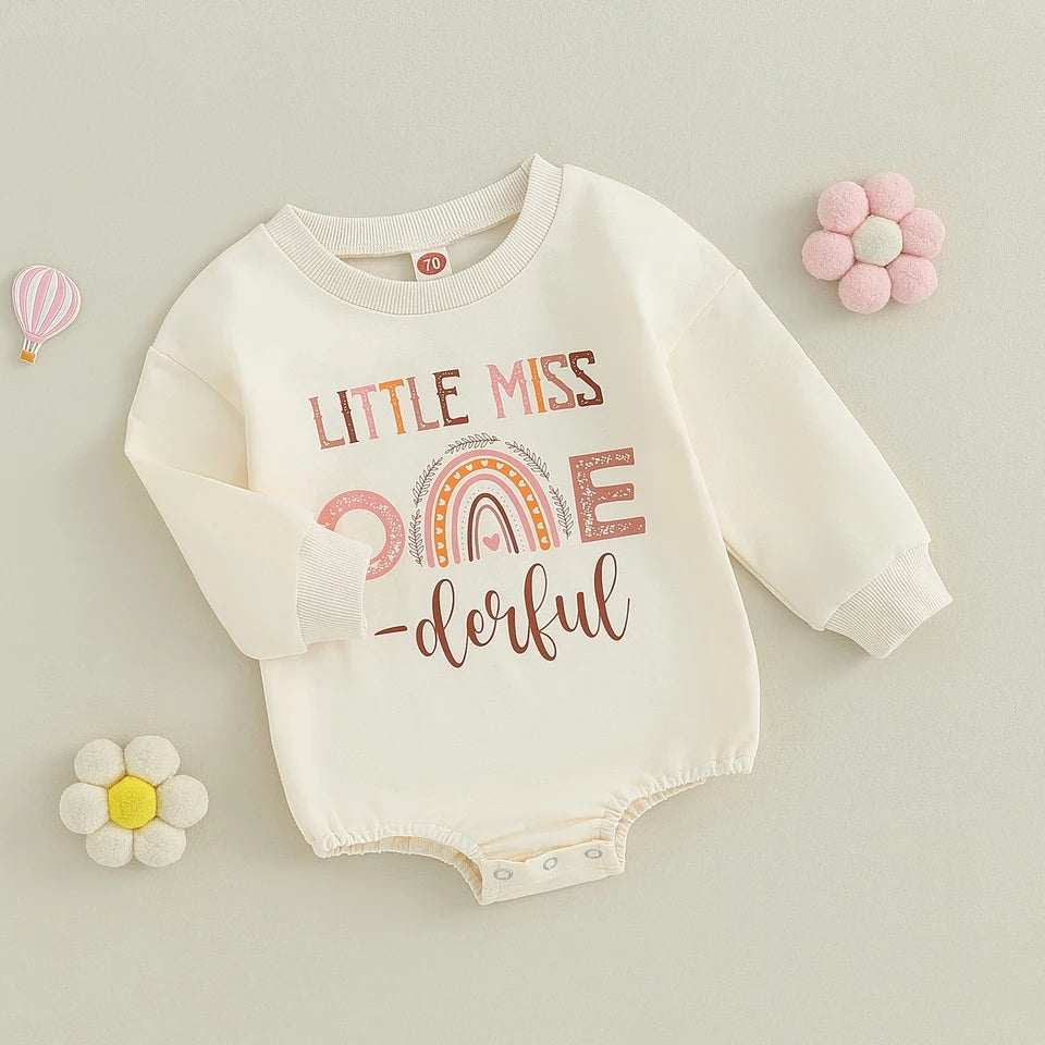 Little Miss One Derful Crewnek Birthday Romper, Cream 100055