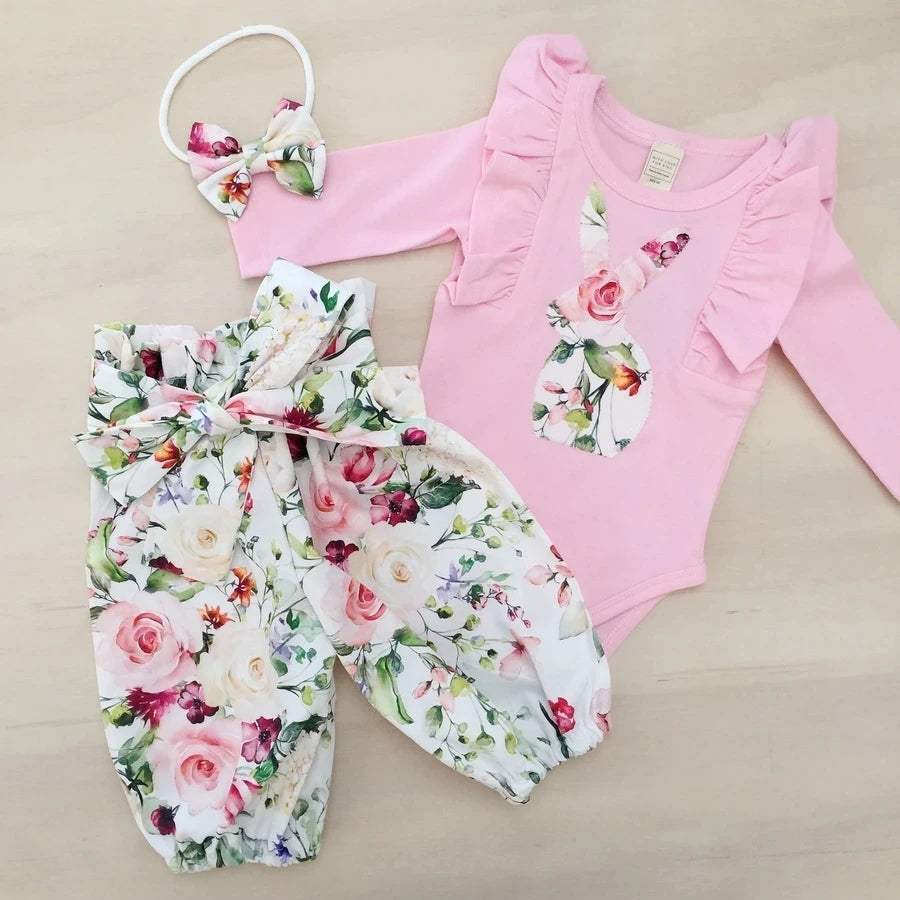 Pink Bunny Floral and Bowknot Pants