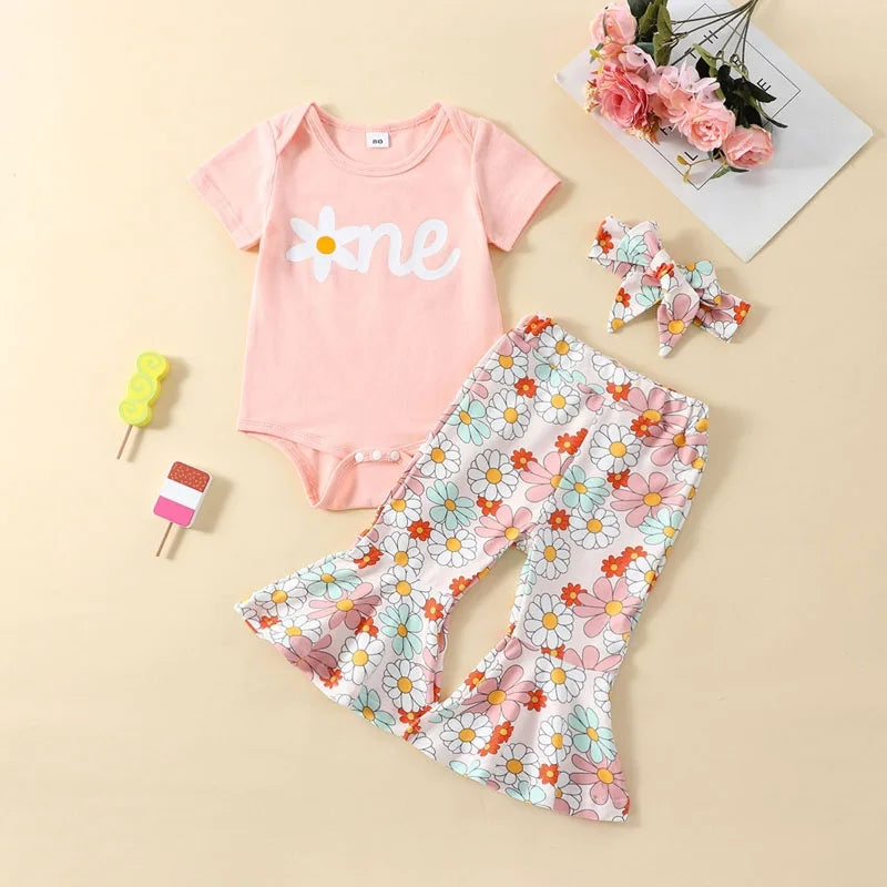 First Birthday Outfit Floral Top with Bellbottoms and Headband 80's…