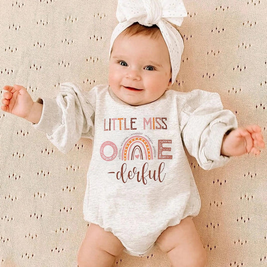 Little Miss One Derful Crewnek Birthday Romper, Cream 100055
