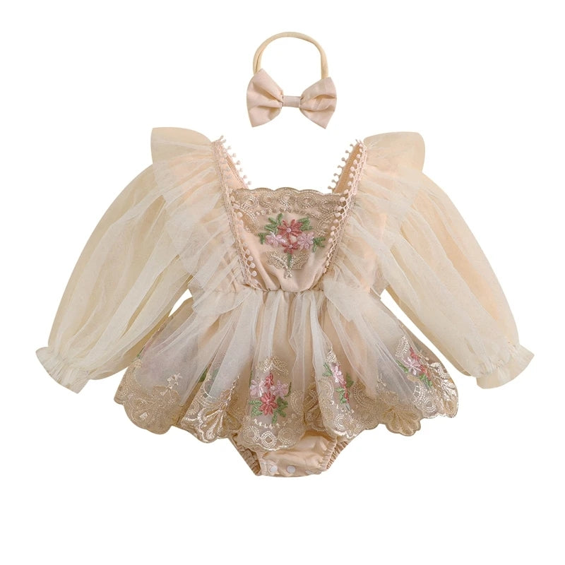 Champagne Embroidered Long Sleeve Romper and Headband