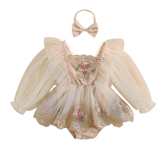 Champagne Embroidered Long Sleeve Romper and Headband