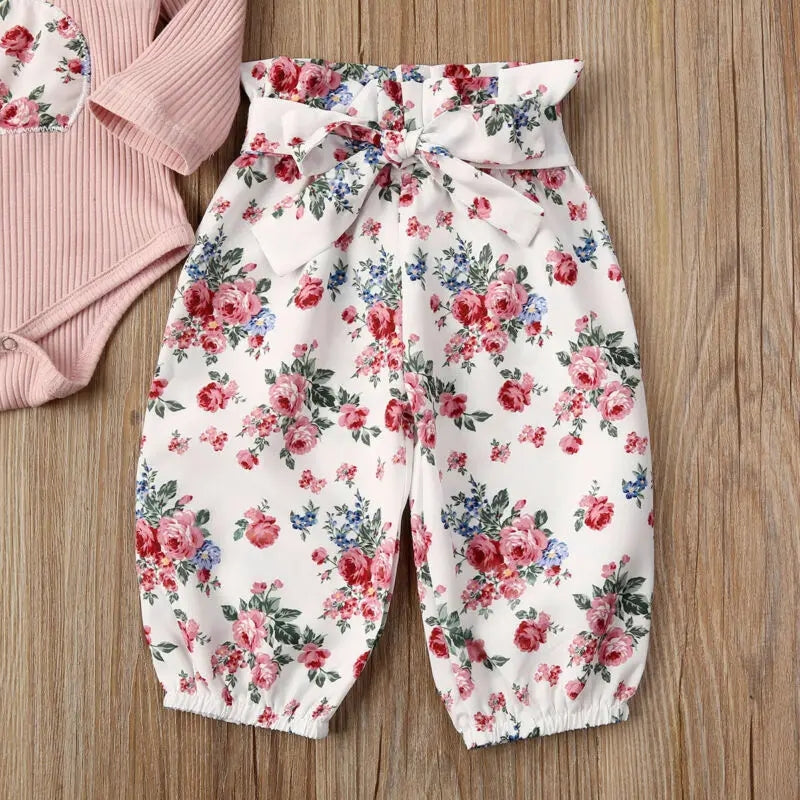 Ribbed Bunny Floral Romper and Bowknot Pants 100074