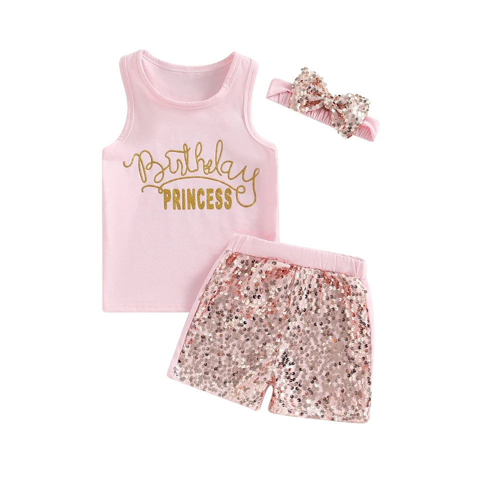 Birthday Princess Top with Sequins Shorts and Headband 