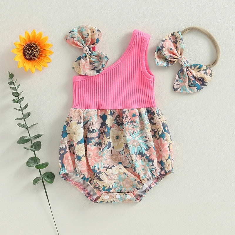 Cerise Pink Ribbed Floral Romper and Headband