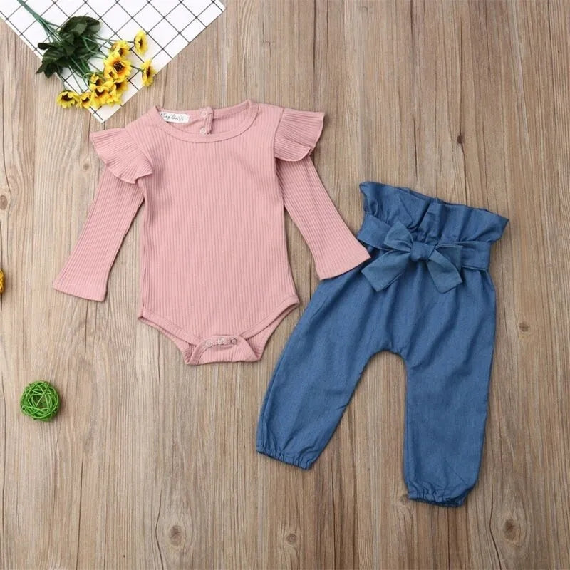 Ribbed Pink Long Sleeve Romper and Bowknot Denims